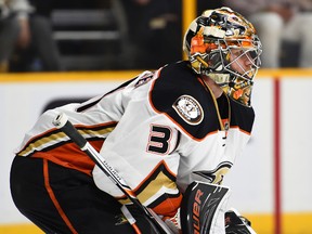 Anaheim Ducks goalie Frederik Andersen looks for the puck against the Nashville Predators in Game6 of the first round of the NHL playoffs at Bridgestone Arena in Nashville on April 25, 2016. (Christopher Hanewinckel/USA TODAY Sports)