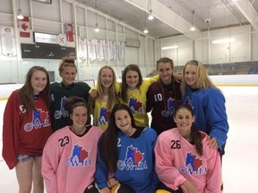 Seven members of the Kingston Ice Wolves and two from the Belleville Bearcats will play in the girls hockey competition at the Ontario Summer Games in August. They are, top row from left, Darcie Lappan, Rebecca Thompson, Emily Lang, Alexa Hoskin, Meghan Jefferies, Scout Watkins Southward and, bottom row from left, Megan Breen, Samantha Wood and Tatum White. Lang and Hoskin are from Belleville. (Supplied photo)