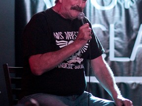 Wrestling legend Jake The Snake Roberts speaks to an intimate and interactive crowd in Timmins on Friday as part of his Unspoken Word Tour, which is filled with both comedic stories from his wrestling days and gut-wrenching tales about his struggles through addiction and depression. BENJAMIN AUBÉ/The Daily Press