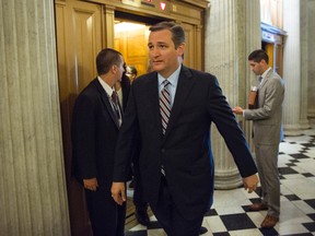 Sen. Ted Cruz, R-Texas, arrives for a vote on Capitol Hill, Monday, June 20, 2016, in Washington. A divided Senate hurtled Monday toward an election-year stalemate over curbing guns, eight days after Orlando's mass shooting horror intensified pressure on lawmakers to act but left them gridlocked anyway — even over restricting firearms for terrorists. (AP Photo/Evan Vucci)