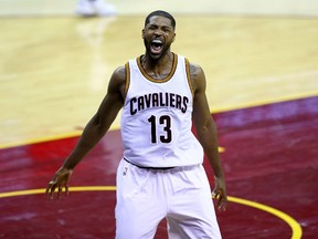 Tristan Thompson of the Cleveland Cavaliers reacts while taking on the Golden State Warriors in Game 6 of the 2016 NBA Finals.  (Ezra Shaw/Getty Images/AFP)
