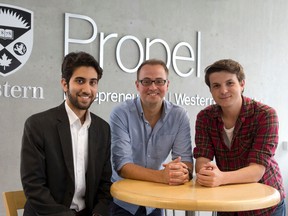 FillSpaces founders Amir Farahi, left, Matt Ross and Dale Inverarity pose for a photo in the Propel Entrepreneurship incubator at Western University in London. FillSpace is a tool to match people looking for short-term commercial space with businesses and property owners with available space. (CRAIG GLOVER, The London Free Press)