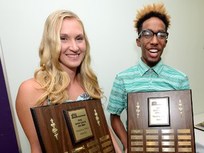 Tatiana Desender of Saunders and Daniel O?Brien of Beal were presented with the Bob Gage Award as the top female and male high school track and field athletes Monday at Central secondary school.  (MORRIS LAMONT, The London Free Press)