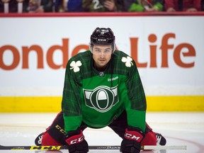 Ottawa Senators defenceman Cody Ceci stretches during warm-up prior to a game against the Minnesota Wild at the Canadian Tire Centre in Ottawa on March 15, 2016. (Marc DesRosiers/USA TODAY Sports)