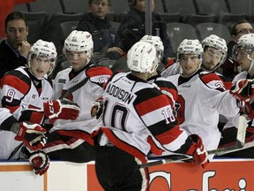 Ottawa 67's forward Jeremiah Addison celebrates his team's first goal during against the Kingston Frontenacs at the Rogers K-Rock Centre in Kingston on Feb. 29 2016. (Ian MacAlpine /The Kingston Whig-Standard/Postmedia Network)