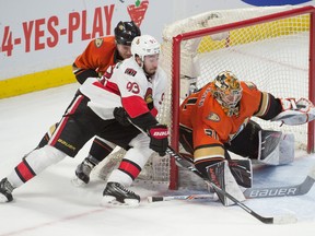 Ottawa Senators centre Mika Zibanejad tries the wrap-around shot on Anaheim Ducks goalie Frederik Andersen at the Canadian Tire Centre in Ottawa on March 26, 2016. (Marc DesRosiers/USA TODAY Sports)