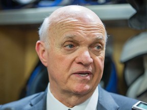 Lou Lamoriello, general manager of the Toronto Maple Leafs, addresses media during the Leafs locker clean out at the Air Canada Centre in Toronto, Ont. on Sunday April 10, 2016. (Ernest Doroszuk/Toronto Sun/Postmedia Network)