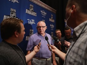 Jim Rutherford of the Pittsburgh Penguins speaks with the media during a press availability at the Encore Ballroom in Las Vegas on June 21, 2016. (Bruce Bennett/Getty Images/AFP)