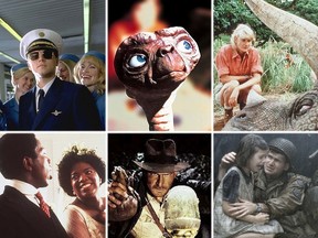 Some of Steven Spielberg's classics: (Top left, moving clockwise) Catch Me If You Can, E.T.: The Extra-Terrestrial, Jurassic Park, Saving Private Ryan, Raiders of the Lost Ark, The Color Purple.