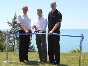 Parkbridge Lifestyle Communities held a grand opening celebration on June 17 for its new community, The Bluffs at Huron. Pictured here from left to right, Ashfield-Colborne-Wawanosh Reeve Ben VanDiepenbeek, Parkbridge president and CEO Andrew Blair and Huron-Bruce MP Ben Lobb. (Laura Broadley/Goderich Signal Star)