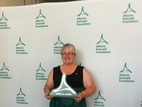 Clandonald School teacher Geralyn McCormack accepts an Emerald Award in Edmonton, Alta., earlier this month. Sudmitted Photo.