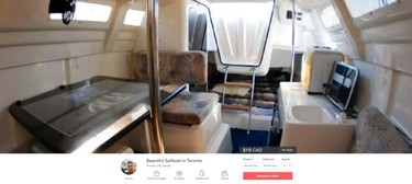 A sailboat that is available for rent on the sharing site Airbnb is pictured in this screen capture from their website Handout/Postmedia Network