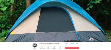 A tent in a backyard that is available for rent on the sharing site Airbnb is pictured in this screen capture from their website Handout/Postmedia Network