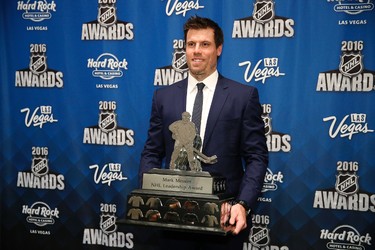 Nashville Predators' Shea Weber holds the Mark Messier NHL Leadership Award after winning the honor at the NHL Awards show, Wednesday, June 22, 2016, in Las Vegas. (AP Photo/John Locher)