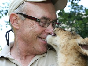 Michael Hackenberger holds Frieda, an African lion cub, at the Bowmanville Zoo in July 2014. (Veronica Henri/Toronto Sun files)