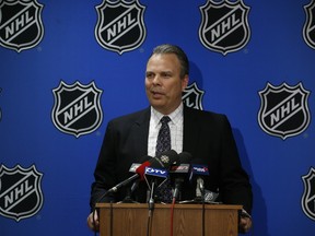 Kevin Cheveldayoff of the Winnipeg Jets speaks to the media about getting the 2nd spot in the 2016 NHL Draft Lottery in Toronto on Saturday April 30, 2016. Jack Boland/Toronto Sun/Postmedia Network