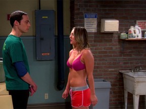 Jim Parsons (Sheldon Cooper) and Kaley Cuoco (Penny) in "The Big Bang Theory." (Screenshot)