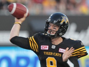 Hamilton Tiger-Cats quarterback Jeff Mathews throws a pass against the Ottawa Redblacks during pre-season CFL action in Hamilton on June 17, 2016. (THE CANADIAN PRESS/Fred Chartrand)