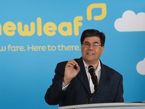 Jim Young, president and CEO of NewLeaf Travel, speaks to media at a press conference at Richardson International Airport earlier this year. (THE CANADIAN PRESS/John Woods file photo)