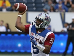 Montreal Alouettes QB Kevin Glenn throws a pass during CFL action against the Winnipeg Blue Bombers in Winnipeg on Wed., June 8, 2016. (Kevin King/Winnipeg Sun/Postmedia Network)