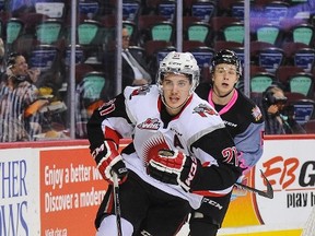 Oakbank native Brett Howden of the Moose Jaw Warriors skates against the Calgary Hitmen during a WHL game at Scotiabank Saddledome last fall. (Derek Leung/Getty Images/AFP file photo)