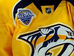 General view of the all-star game logo on the jersey of Nashville Predators defenceman Ryan Ellis during the second period against the Florida Panthers at Bridgestone Arena in Nashville on Dec. 3, 2015. (Christopher Hanewinckel/USA TODAY Sports)