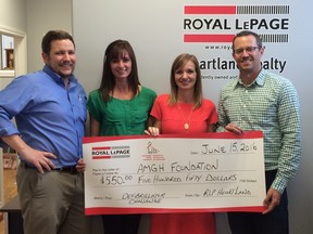 Royal LePage Heartland Realty Brokerage presented a cheque for $550 to the Alexandra Marine and General Hospital Foundation as a part of Radiothon, which has raised money for a new defibrillator. Pictured here from left to right, Jeff Bauer, Kathy Dawson, Shannon Lahay – AMGH Foundation coordinator and Rick Lobb. (Contributed photo)