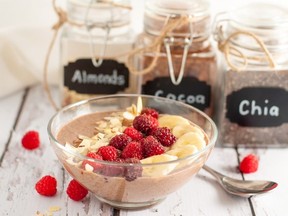 This mocha almond smoothie bowl, shown, is brimming with almond milk and chia seeds, sweetened with dates and gets a kick from coffee, says recipe creator Elaine Nessman of Cowichan Valley, Vancouver Island, who shares it on her food blog Flavour and Savour. (THE CANADIAN PRESS/ HO, Elaine Nessman)