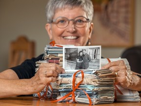 Cathy Gaetz-Brothen of Vernon, B.C. holds a picture of her parents Joseph Jacob Gaetz who served in the Canadian Military during the Second World War with his then fiancee Jean McRae who later became his wife, in Vernon, B.C. on Thursday, June 16, 2016. Gaetz wrote some 587 letters from July 8, 1943 to November 22, 1945 to McRae during his time in the Canadian military. The letters were a detailed account of his life from front line during the war. THE CANADIAN PRESS/Jeff Bassett