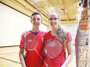 Cameron Duff and Michelle Kozlowskyj will be participating in the Ontario Summer games for badminton, shown here taking a break from practice in Sudbury, Ont. on Wednesday June 22, 2016. Gino Donato/Sudbury Star/Postmedia Network
