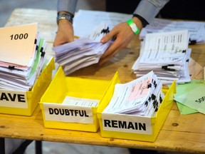 In this Friday, June 24, 2016 file photo, votes are sorted into remain, leave and doubtful trays as ballots are counted during the EU Referendum count for Westminster and the City of London at the Lindley Hall in London. (Anthony Devlin/PA via AP, File)