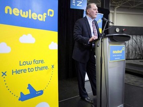 Dean Dacko, Chief Commercial Officer of NewLeaf Travel, speaks at a press conference in the arrivals area of the John C. Munro Hamilton International Airport, on Wednesday, Jan. 6, 2016. As summer travel season gets underway, Canadians no doubt will be scanning the skies for bargain-priced flights. THE CANADIAN PRESS/Peter Power