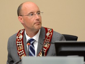 Mayor Matt Brown during a city council meeting at London City Hall on Thursday June 23, 2016. It was the first meeting Brown has been back as mayor after taking a leave related to his admitted affair with deputy-mayor Maureen Cassidy last week. (MORRIS LAMONT, The London Free Press)