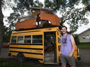 Paul Caspers has welded a VW combi van to his school bus to take on a road trip to music festivals this summer taken on Friday, June 24, 2016 in Edmonton. Greg Southam / Postmedia