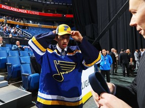 Jordan Kyrou reacts after being selected 35th overall by the St. Louis Blues during the 2016 NHL Draft on Saturday in Buffalo. The Sarnia Sting had three players picked in this weekend's draft. Bruce Bennett/Getty Images/AFP