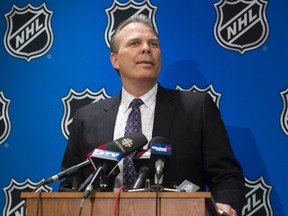 Kevin Cheveldayoff, general manager of Winnipeg Jets, speaks to the media after winning the second selection of the 2016 NHL Draft Lottery in Toronto on Saturday April 30, 2016. (THE CANADIAN PRESS/Chris Young)