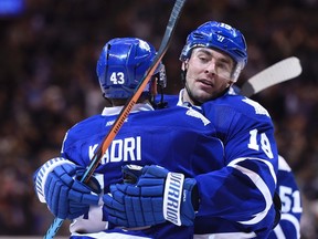 Toronto Maple Leafs forward Nazem Kadri, left, congratulates teammate Joffrey Lupul on his second goal against the Dallas Stars in Toronto Monday, Nov. 2, 2015. (THE CANADIAN PRESS/Frank Gunn)