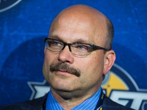 Edmonton Oilers general manager Peter Chiarelli talks to media during the 2nd day of the NHL Draft at the First Niagara Centre in Buffalo, New York on  June 25, 2016.