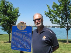 Historian John Carter stands with plaque erected in Sombra to commemorate an 1838 rebel raid of the community.Photo taken near Sombra, Ontario on Saturday, June 25, 2016 NEIL BOWEN/SARNIA OBSERVER/POSTMEDIA NETWORK