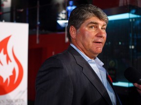 Inductee to Canada's Sports Hall of Fame, Ray Bourque, a Stanley Cup winner and member of the Hockey Hall of Fame speaks to the media at the hall in Calgary, Alta., Tuesday, Nov. 8, 2011. (THE CANADIAN PRESS/Jeff McIntosh)