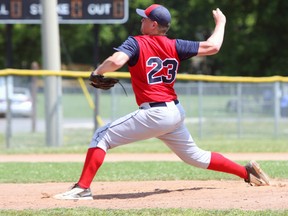 Kingston Ponies Brody Burns pitches against the Kanata Athletics during National Capital Baseball League action at Megaffin Park in Kingston, Ont. on Sunday June 26, 2016. Steph Crosier/Kingston Whig-Standard/Postmedia Network
