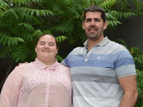 Jim Moodie/Sudbury Star
Sarah Cadorette, clinic manager for the Sudbury location of Bodystream Medical Marijuana Services, is joined by business co-owner Brian Warner following a presentation Sunday at the Steelworkers Hall.