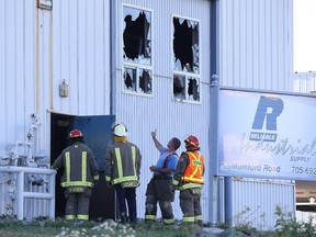 Greater Sudbury Fire Services firefighters were on the scene of a fire at the  Reliable Industrial Supply production plant in Sudbury, Ont. on Monday June 27, 2016. About 20 firefighters from 4 stations responded to the blaze on Mumford drive at around 4:30am  in the Walden Industrial Park, which was quickly under control by5am the cause of the fire is deemed electrical. Gino Donato/Sudbury Star/Postmedia Network