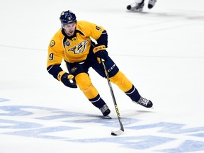 Nashville Predators left winger Filip Forsberg skates with the puck during the third period against the San Jose Sharks in Game 3 of the second round of the NHL playoffs at Bridgestone Arena in Nashville on May 3, 2016. (Christopher Hanewinckel/USA TODAY Sports)