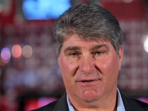 Stanley Cup champion Ray Bourque speaks to media during a press conference announcing the Canada’s Sports Hall of Fame Class of 2011 inductees in Calgary on Nov. 8, 2011. (JIM WELLS/CALGARY SUN)