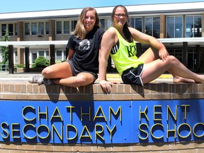 Chatham-Kent Secondary School graduates Carys Owen, 18, left, and Brittany McLaren, 17, have been selected by an independent committee of judges to each receive up to a $20,000 scholarship through the Spectra Energy Scholars Program. The parent company of Union Gas awards the scholarships to the children of employees based on a number of criteria including performance in academics, leadership and participation in school and community activities, honours and awards. Photo taken in Chatham, Ont. on Monday June 27, 2016. (Ellwood Shreve/Chatham Daily News/Postmedia Network)