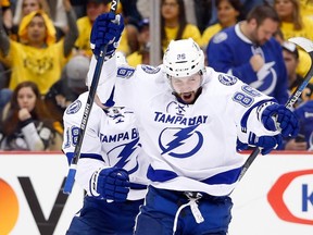 Nikita Kucherov of the Tampa Bay Lightning celebrates after scoring against the Pittsburgh Penguins during Game 5 of the Eastern Conference final at Consol Energy Center on May 22, 2016 in Pittsburgh. (Justin K. Aller/Getty Images/AFP)