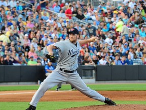 Winnipeg Goldeyes pitcher Kevin McGovern cut through the St. Paul Saints lineup over the first seven innings, holding the league’s top offence to just two hits and one unearned run en route to a 7-6 victory in St. Paul, Minn., on Monday, June 26, 2016. Betsy Bissen/St Paul Saints Photographer