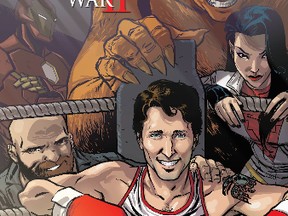 The variant cover of the comic Civil War II: Choosing Sides #5, featuring Prime Minister Justin Trudeau surrounded by the members of Alpha Flight: Sasquatch, top, Puck, bottom left, Aurora, right, and Iron Man in the background is shown in a handout photo. (THE CANADIAN PRESS/HO - Ramon Perez)