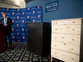 With two Ikea dressers displayed at right, Consumer Product Safety Commission (CPSC) Chairman Elliot Kaye speaks during a news conference at the National Press Club in Washington, Tuesday, June 28, 2016. Ikea is recalling 29 million chests and dressers after six children were killed when the furniture toppled over and fell on them. (AP Photo/Carolyn Kaster)